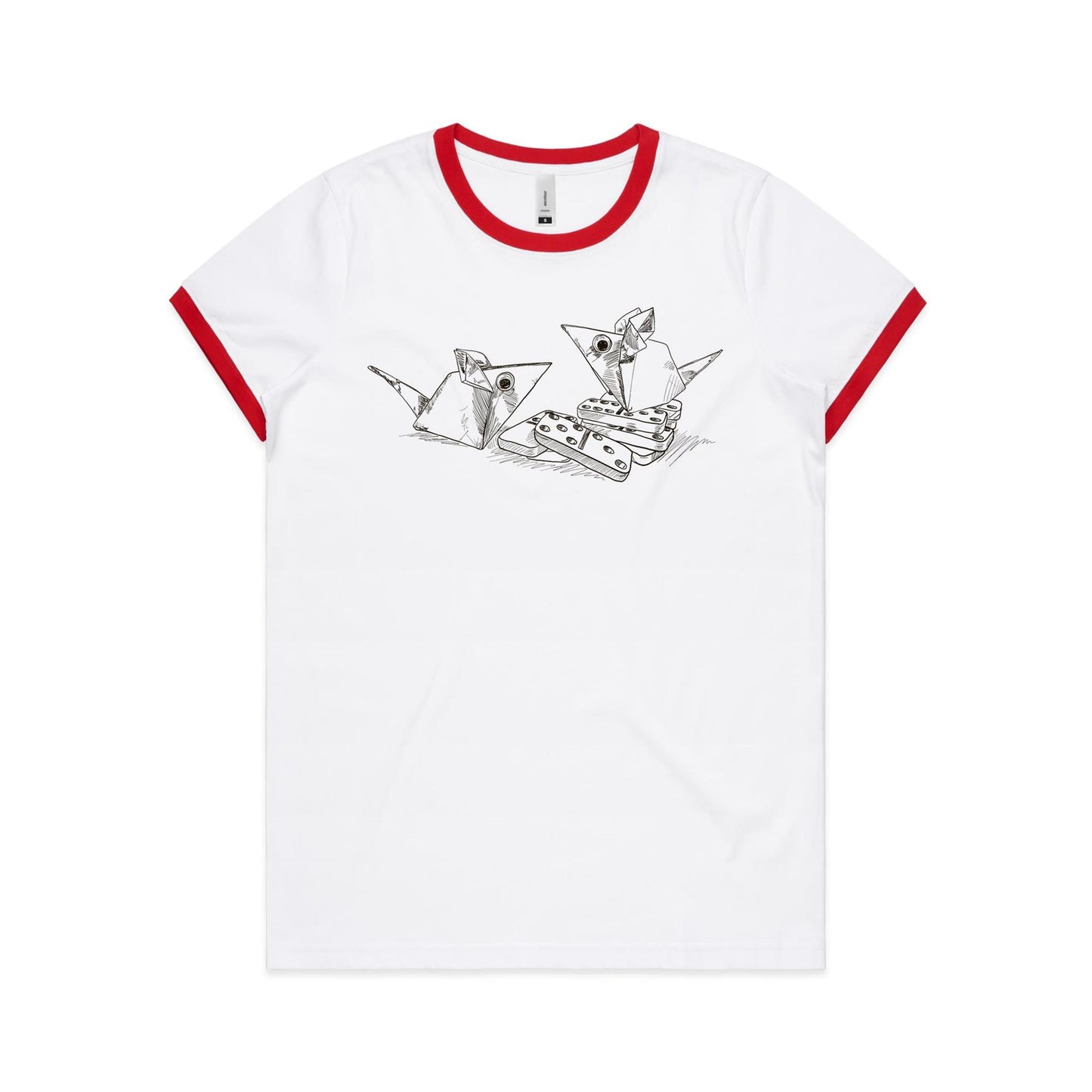 women's ringer tee origami mice with dominoes