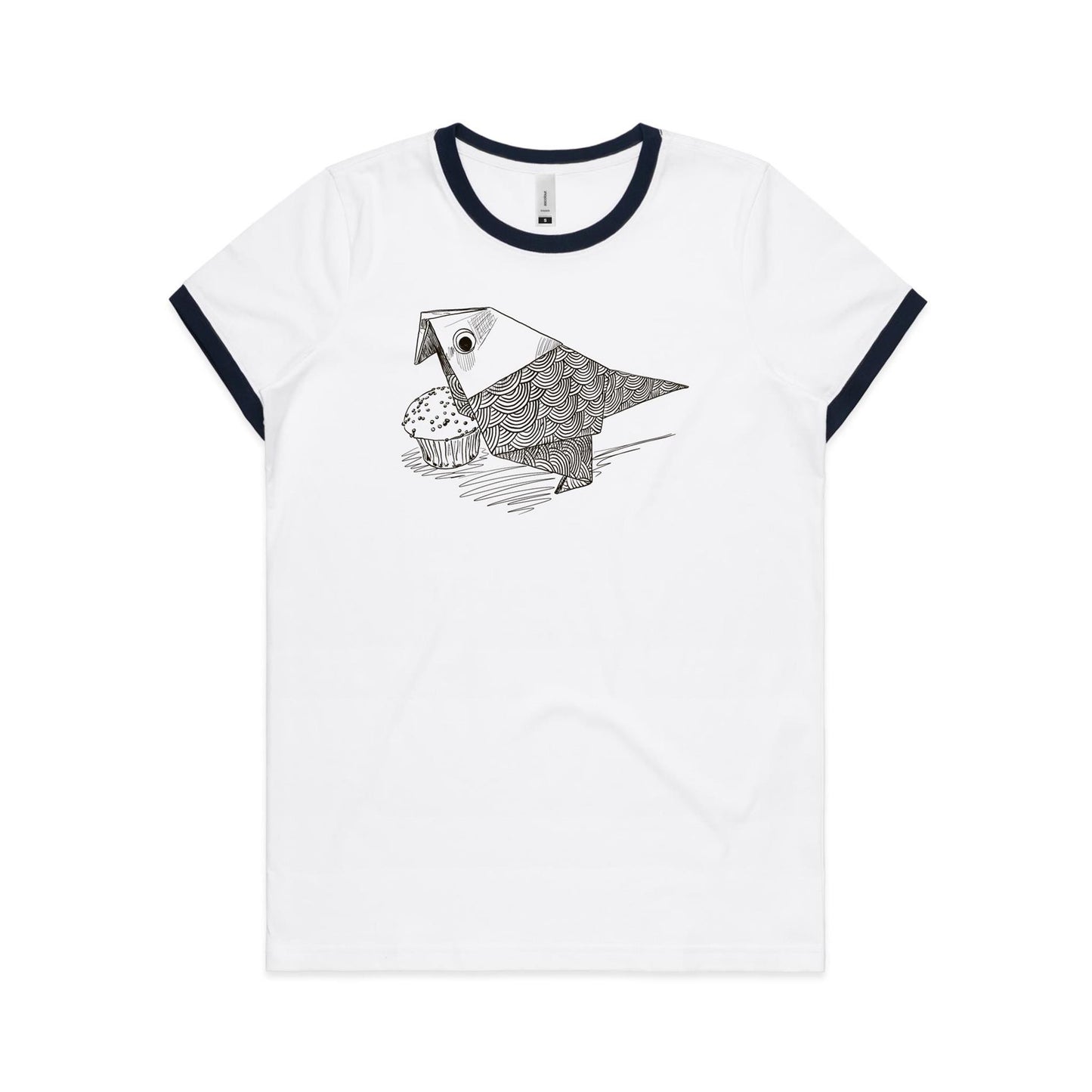 women’s ringer tee origami bird with cake
