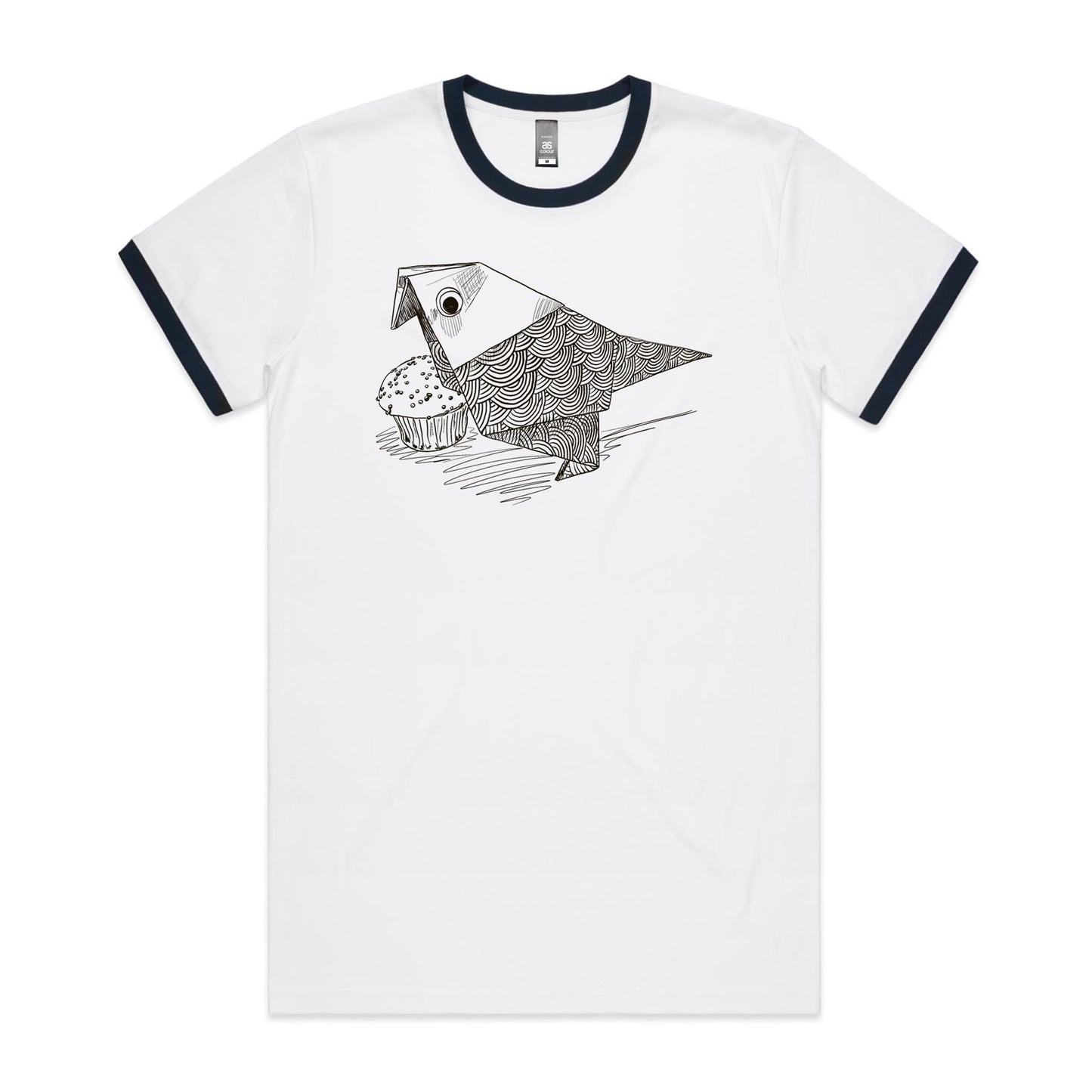 men’s ringer tee origami bird with cake