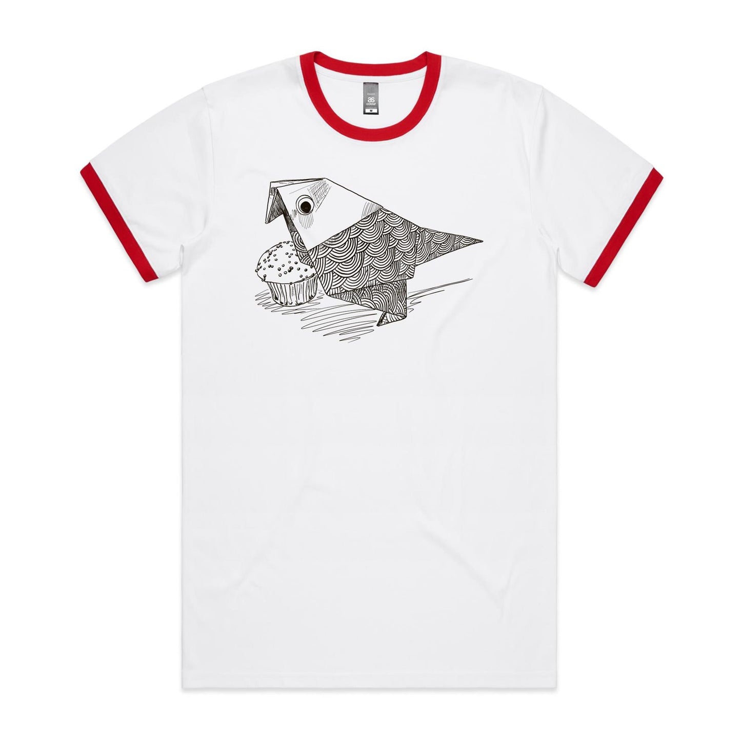men’s ringer tee origami bird with cake