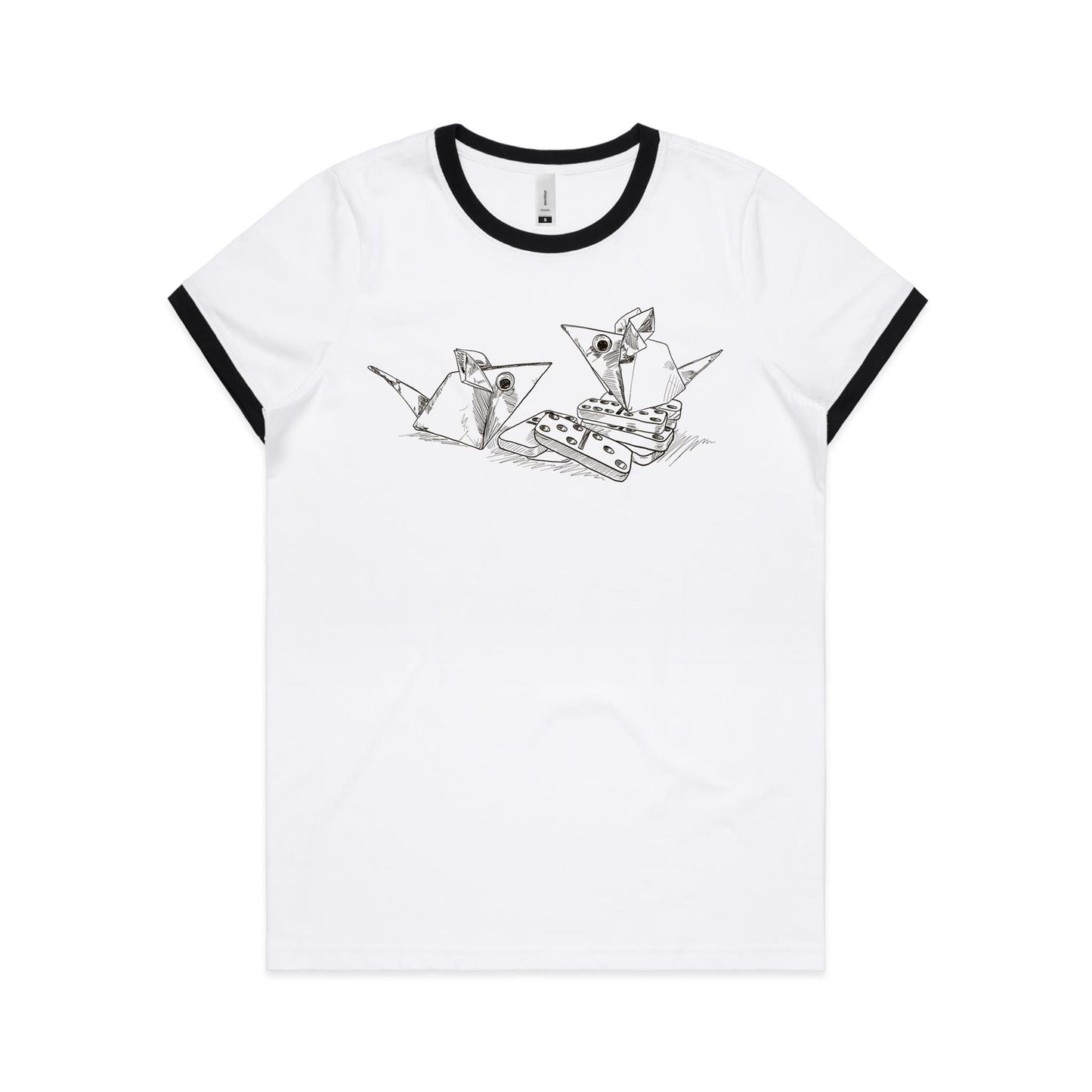women's ringer tee origami mice with dominoes