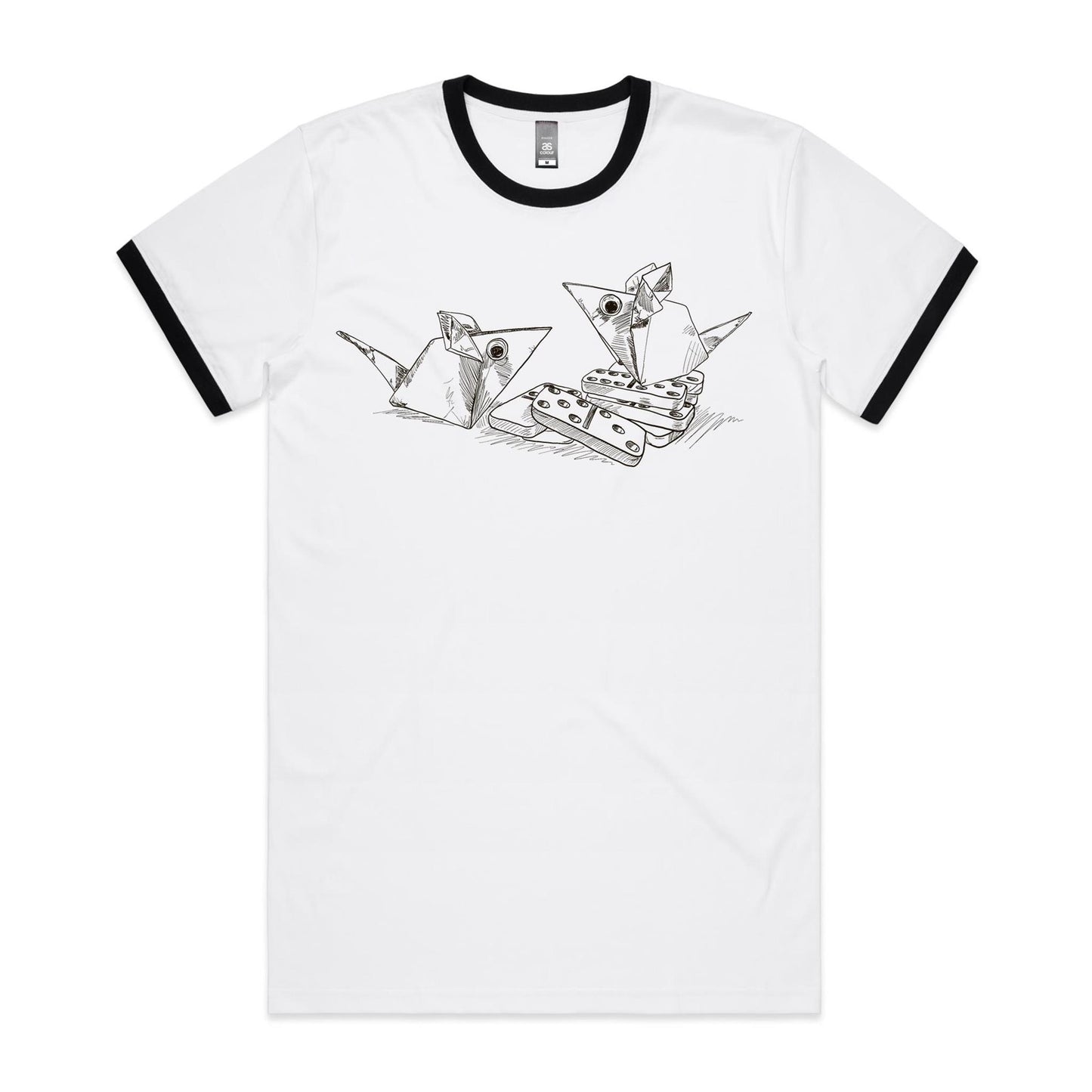 men’s ringer tee origami mice with dominoes