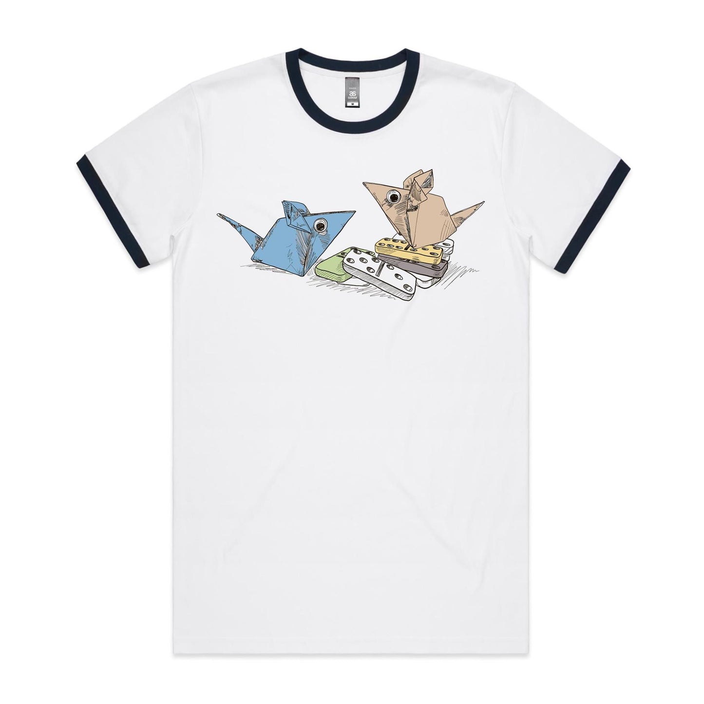 men’s ringer tee origami mice with dominoes remix