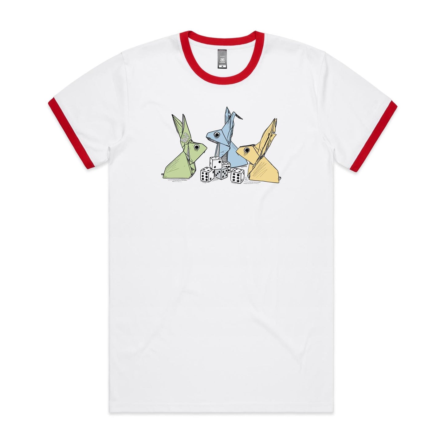 men’s ringer tee origami rabbits with dice remix