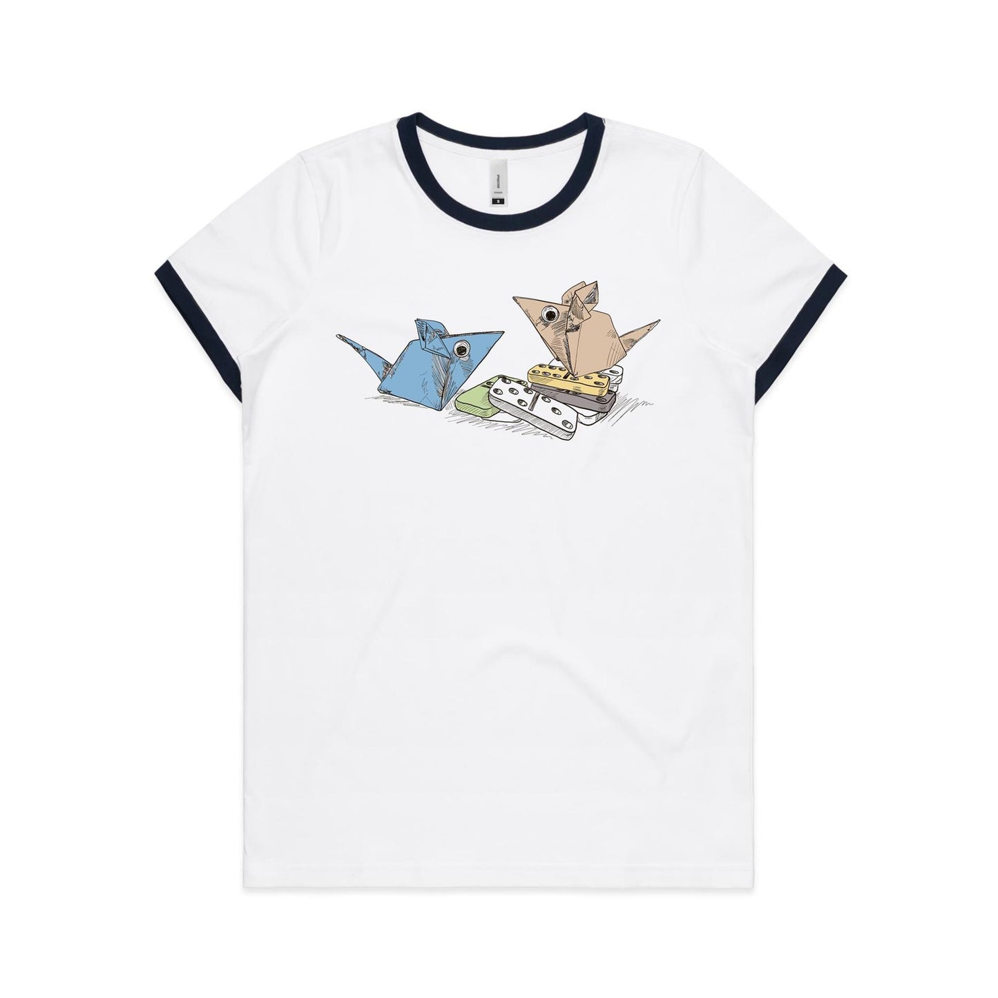 women's ringer tee origami mice with dominoes remix
