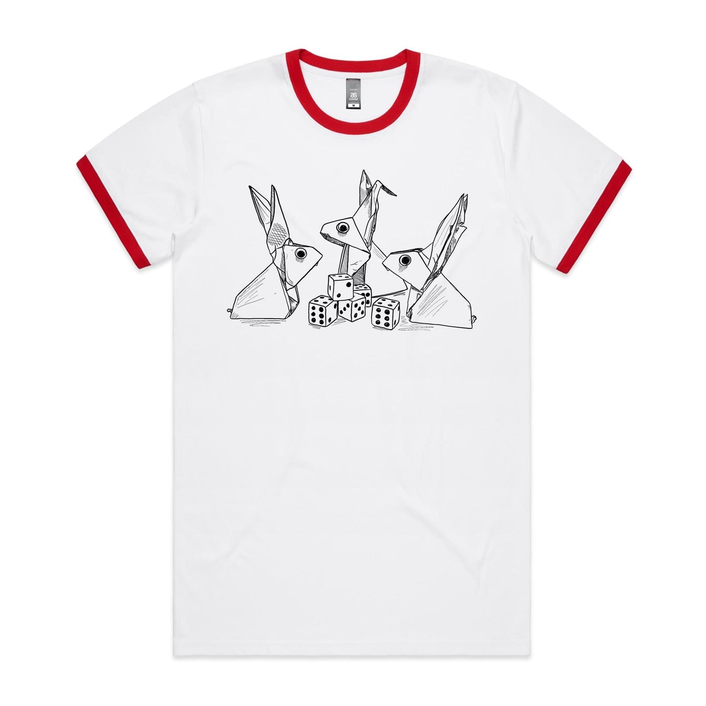 men’s ringer tee origami rabbits with dice