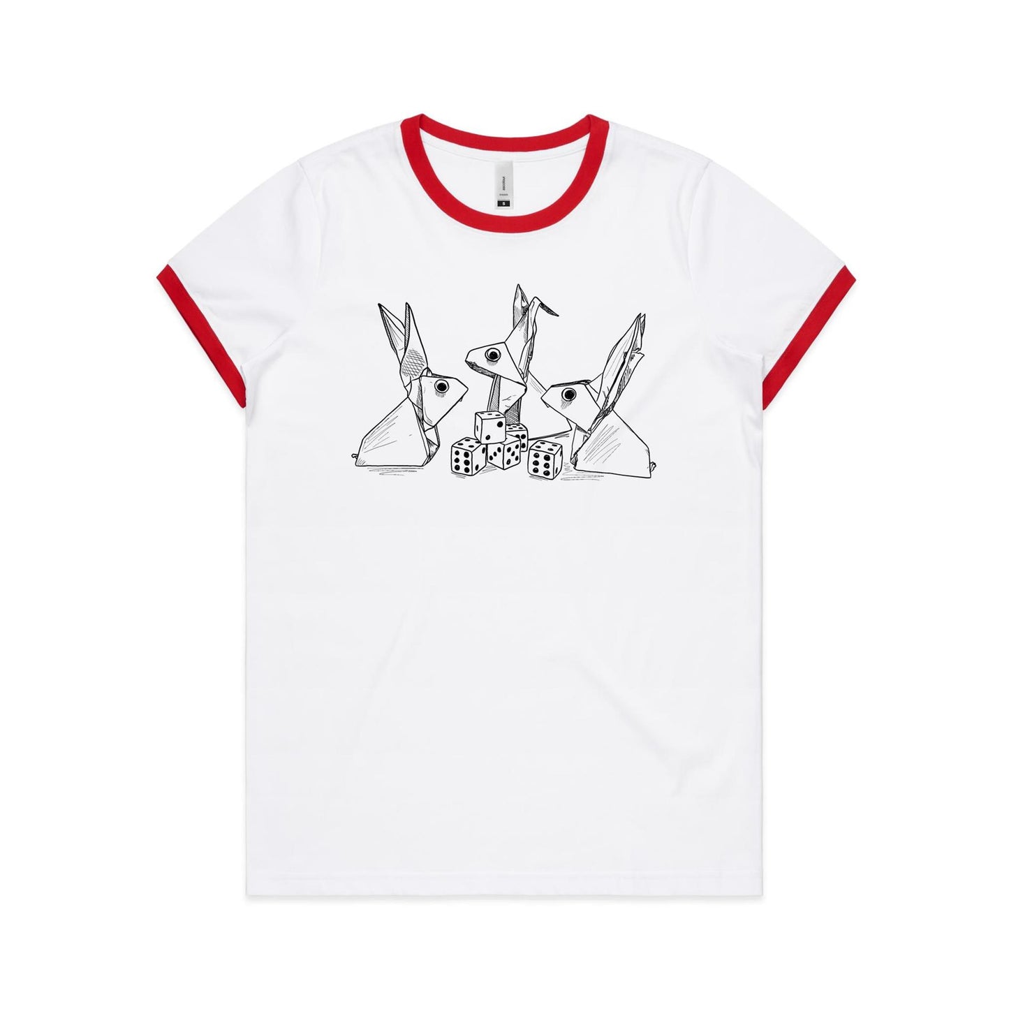 women’s ringer tee origami rabbits with dice