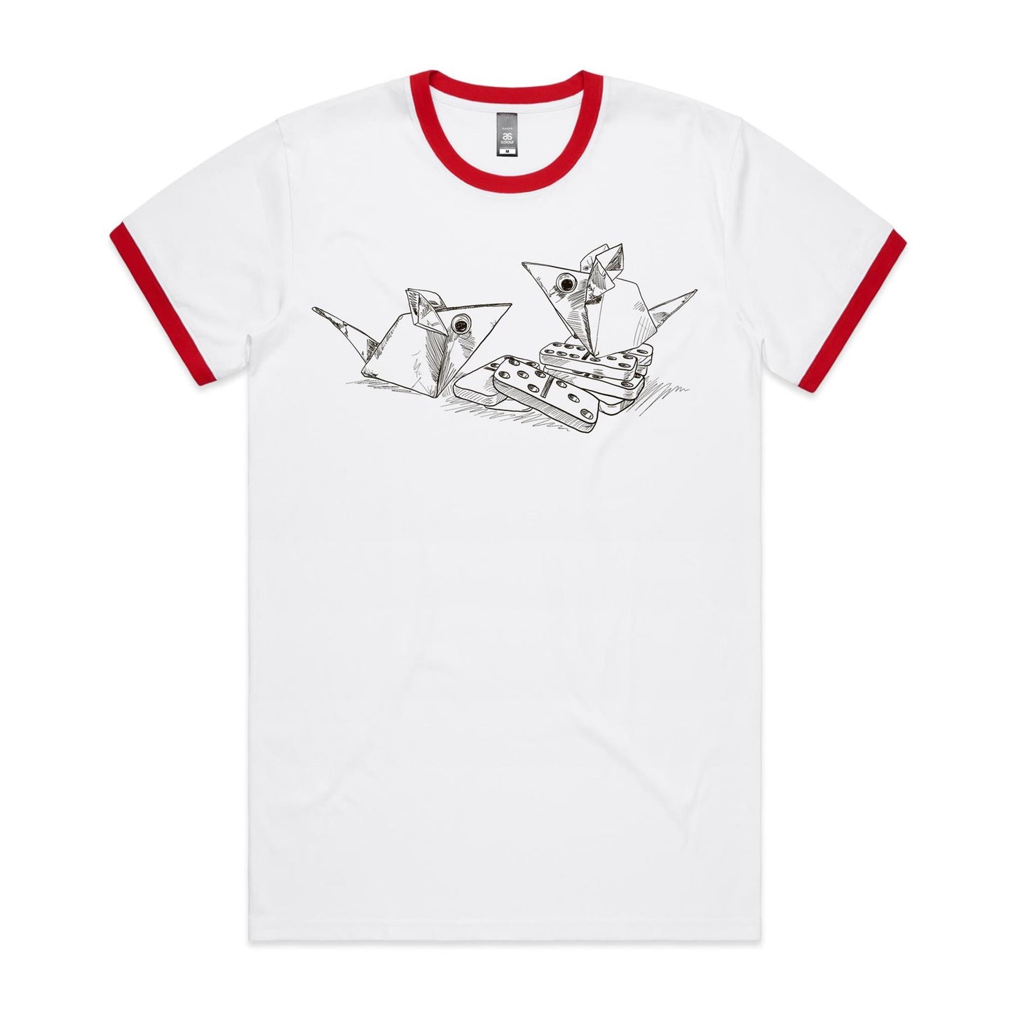 men’s ringer tee origami mice with dominoes