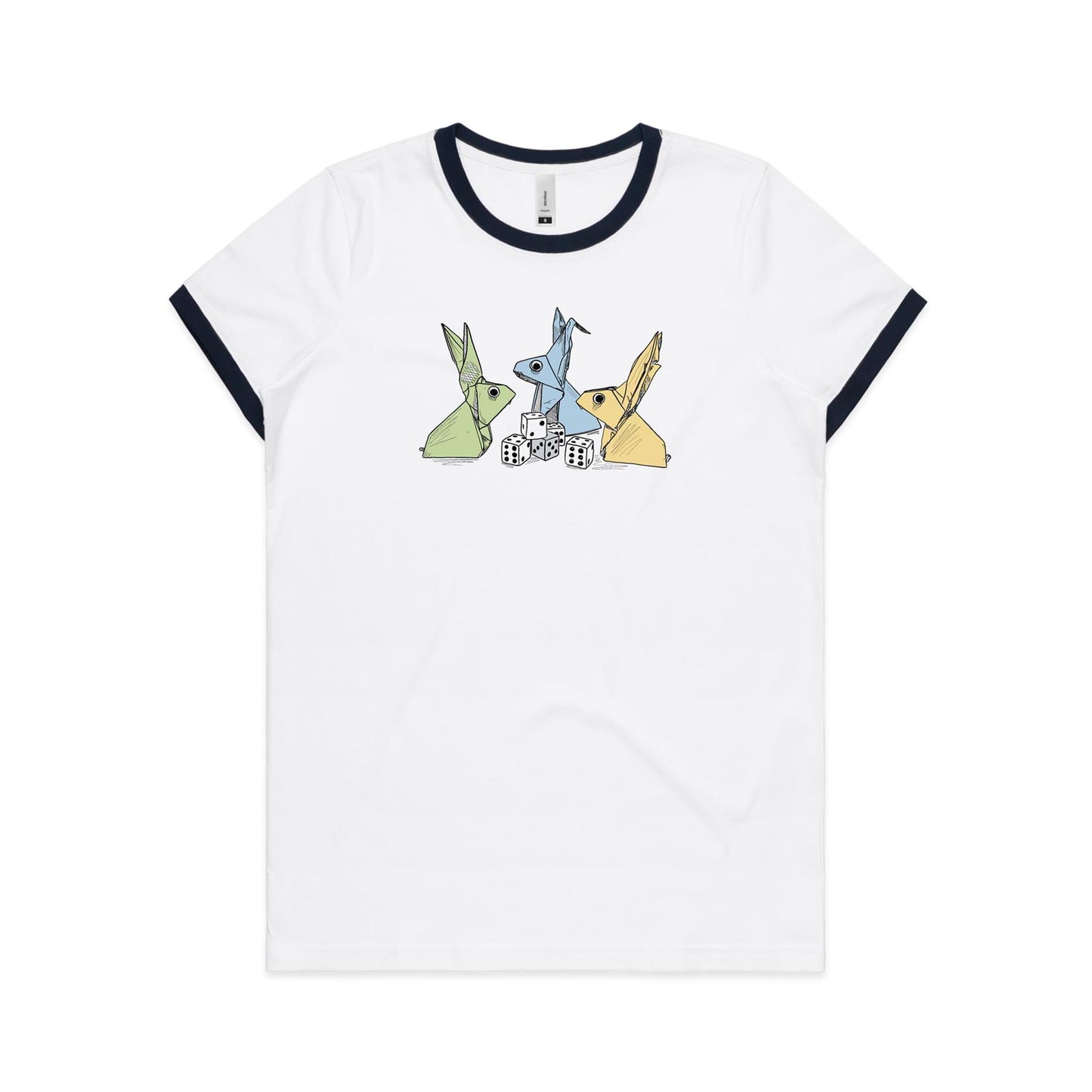 women’s ringer tee origami rabbits with dice remix