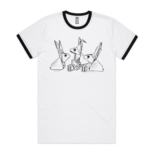 men’s ringer tee origami rabbits with dice