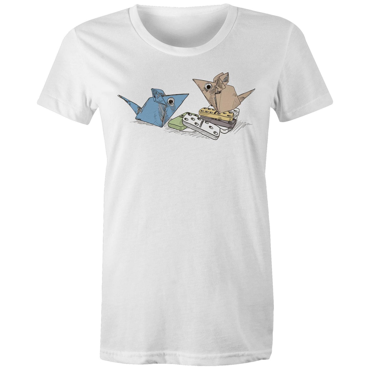 women’s tee origami mice with dominoes remix