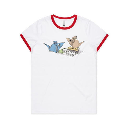 women's ringer tee origami mice with dominoes remix