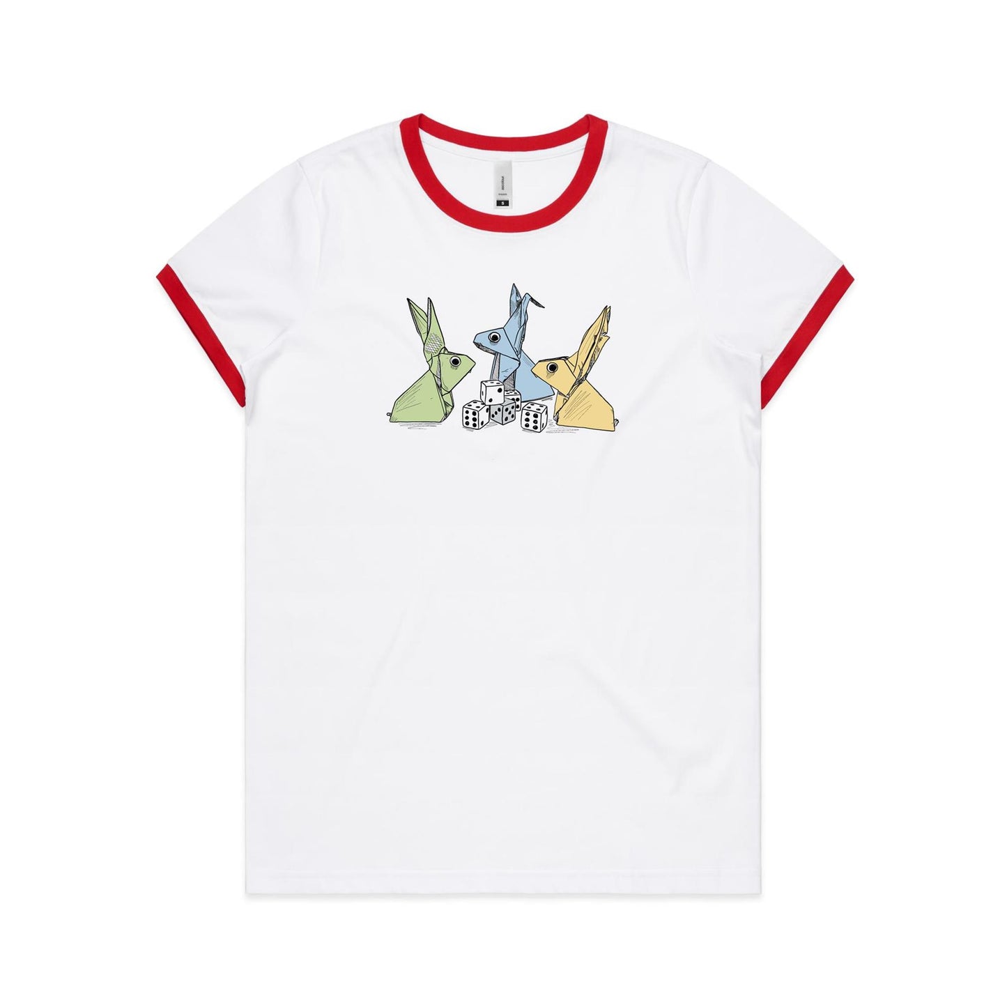 women’s ringer tee origami rabbits with dice remix