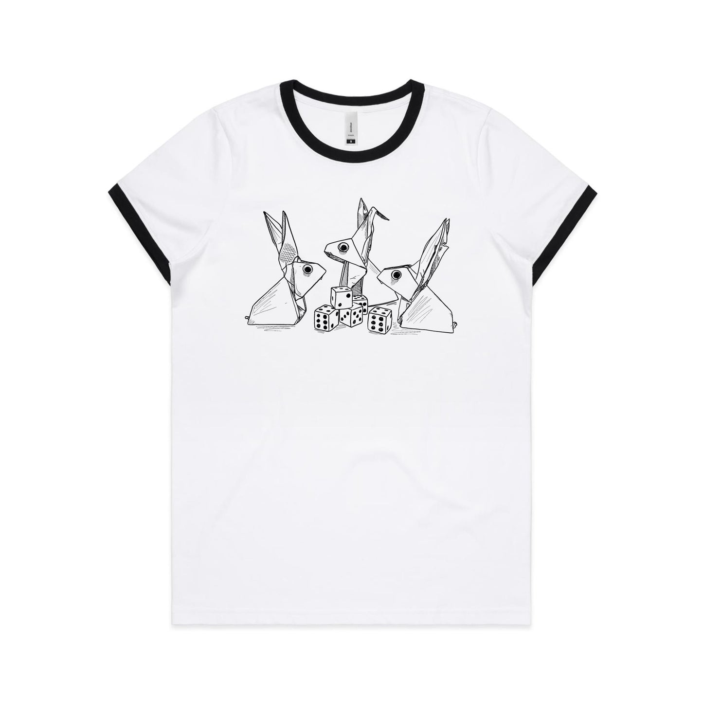 women’s ringer tee origami rabbits with dice