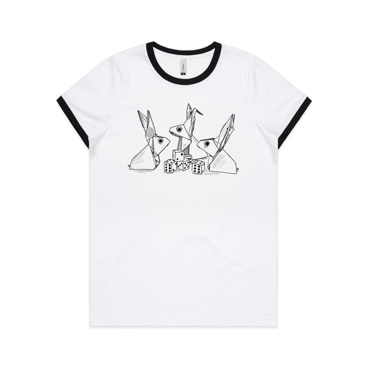 women’s ringer tee origami rabbits with dice