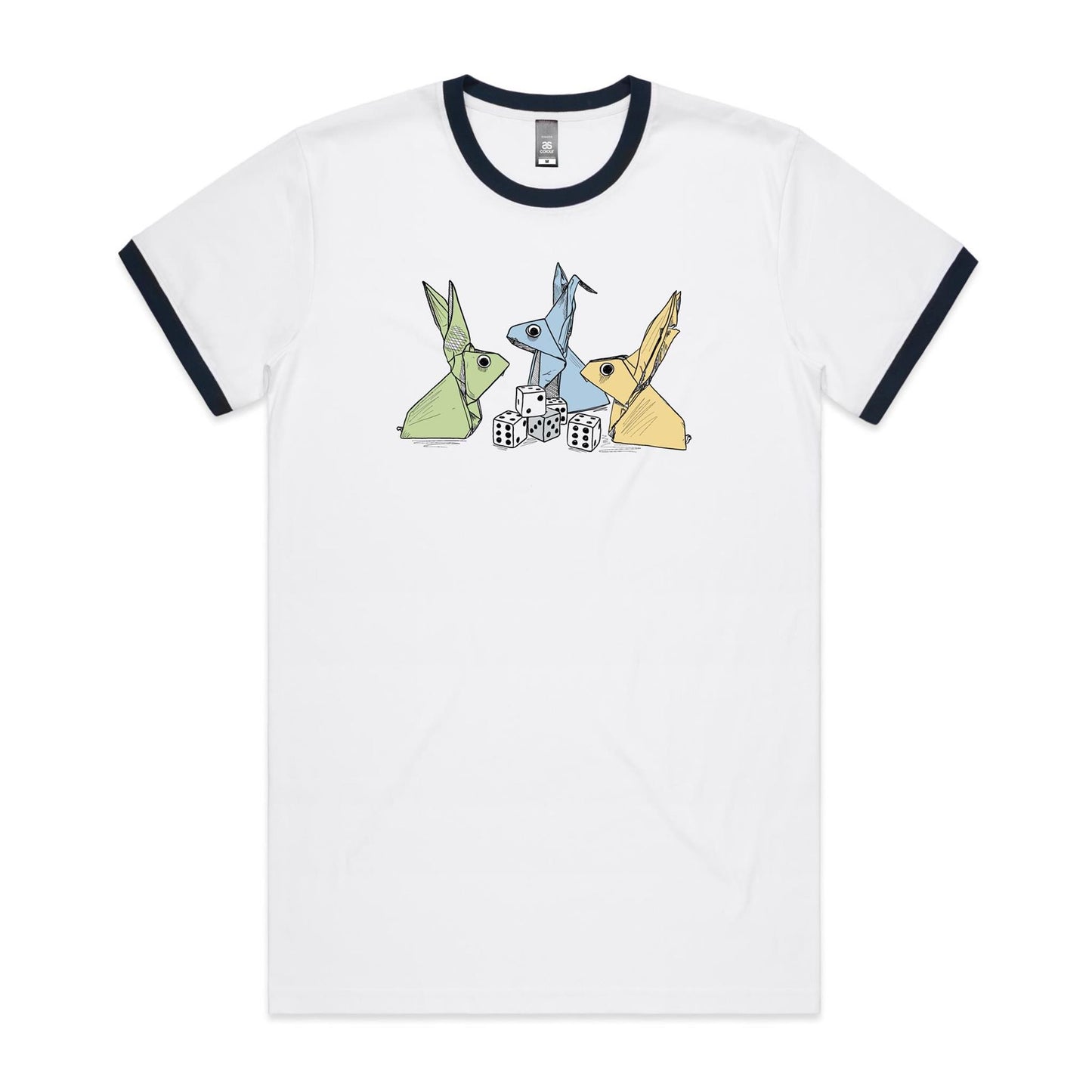 men’s ringer tee origami rabbits with dice remix