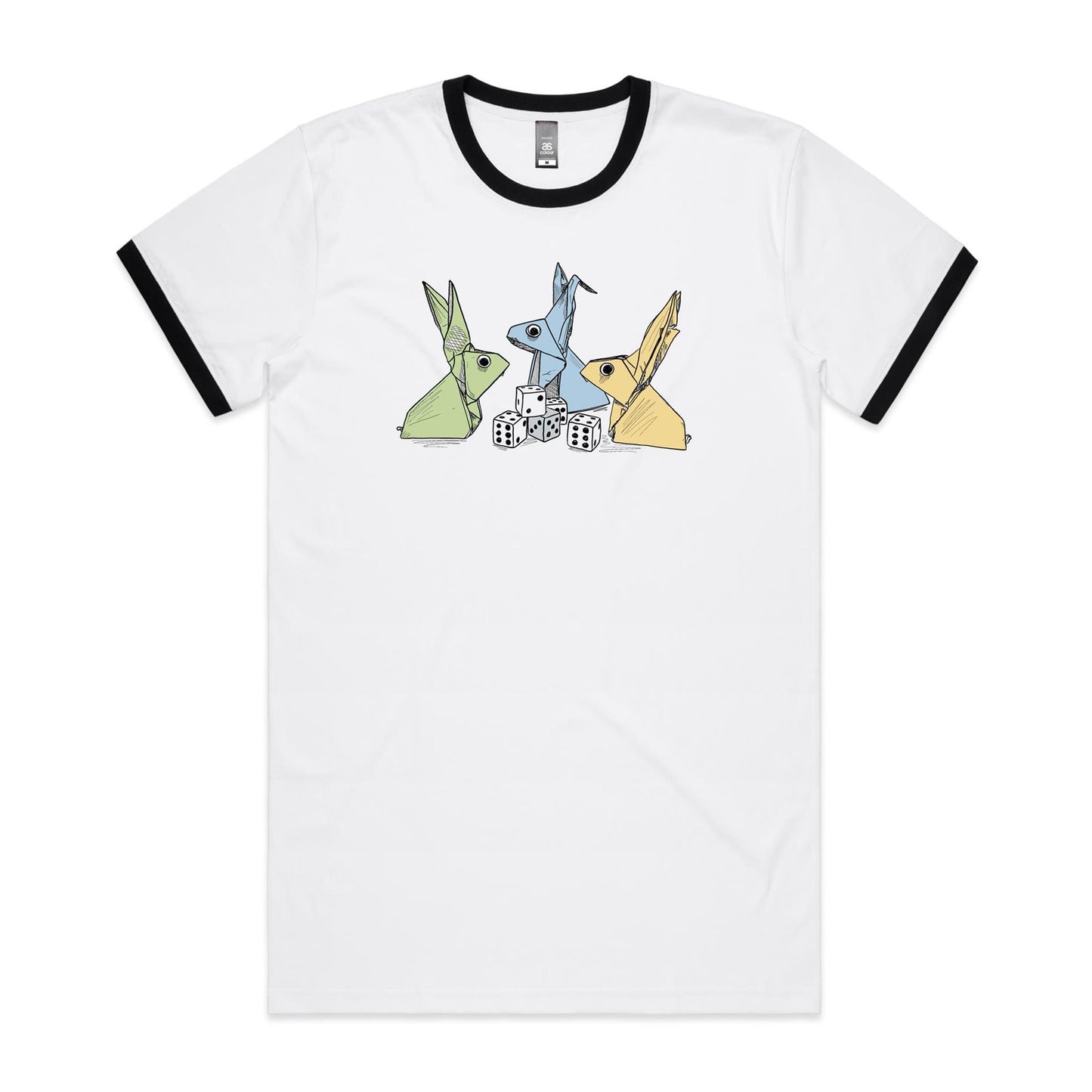 men’s ringer tee origami rabbits with dice remix