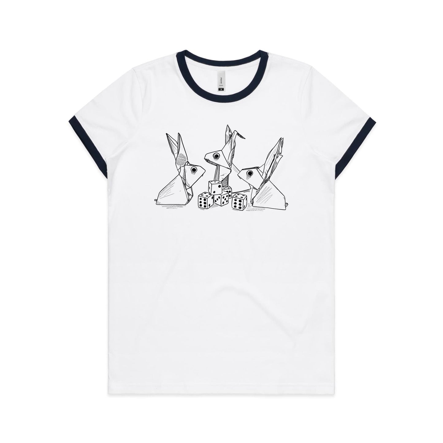 women’s ringer tee origami rabbits with dice
