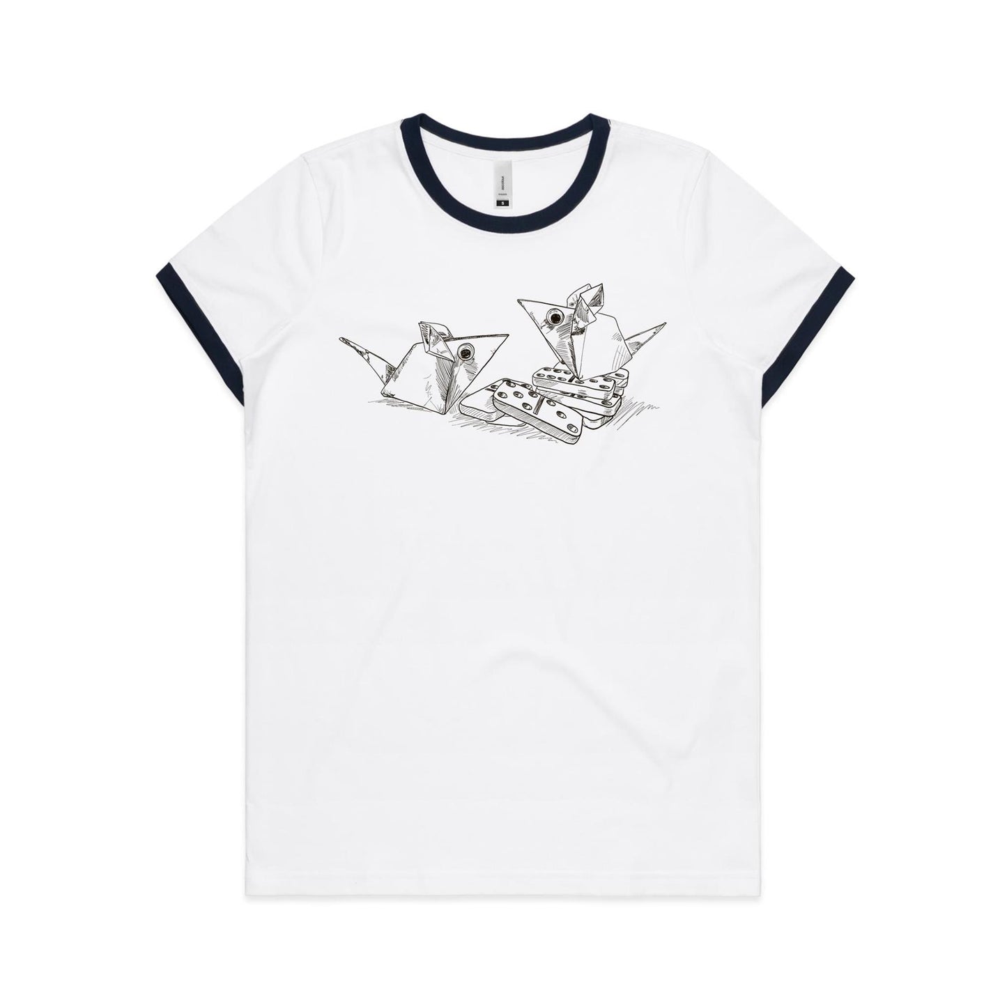 women's ringer tee origami mice with dominoes
