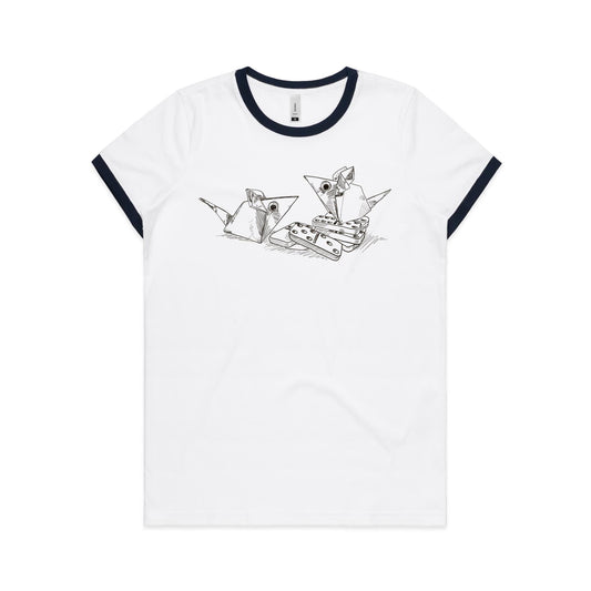 women's ringer tee origami mice with dominoes