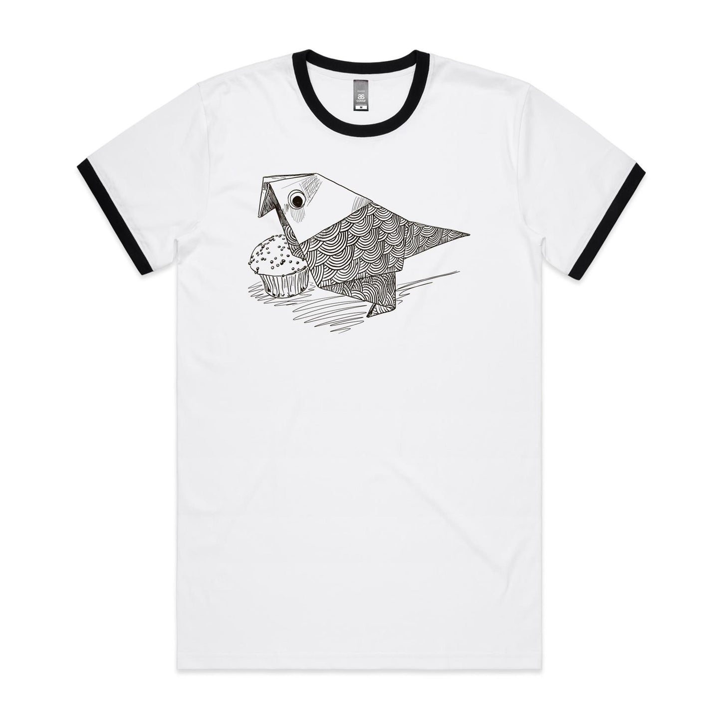 men’s ringer tee origami bird with cake