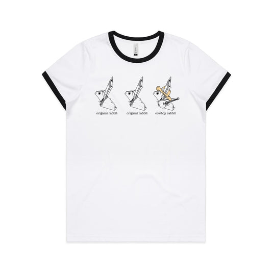 women's ringer tee origami rabbit rabbit cowboy