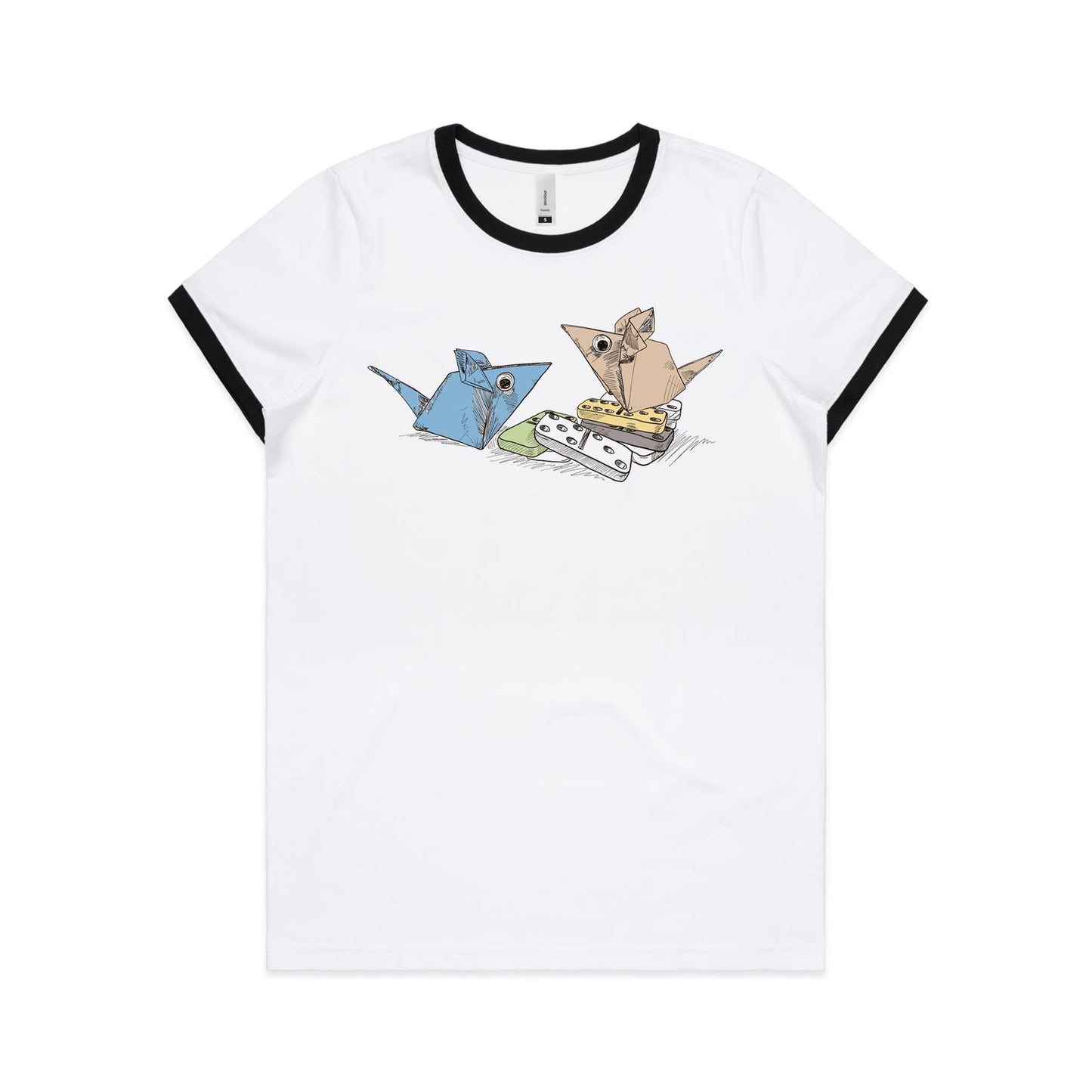 women's ringer tee origami mice with dominoes remix