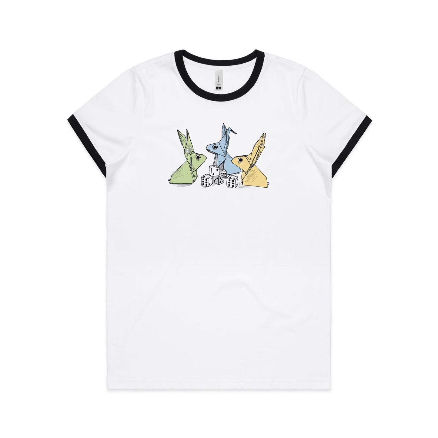 women’s ringer tee origami rabbits with dice remix