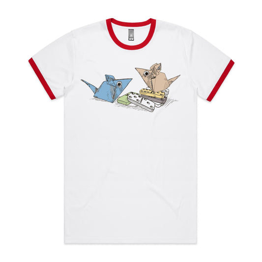 men’s ringer tee origami mice with dominoes remix