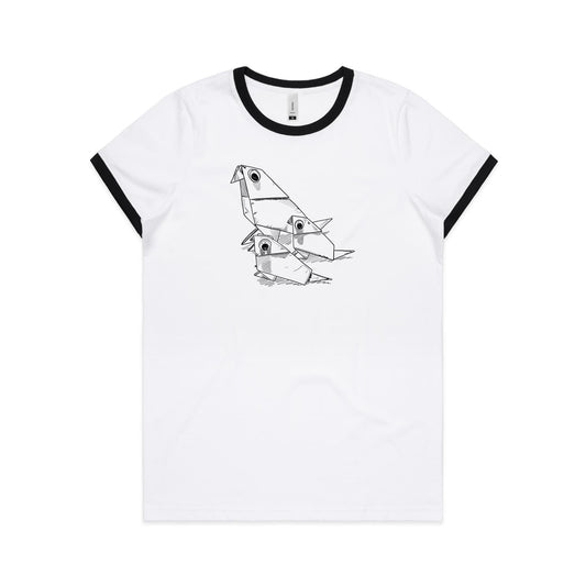 women's ringer tee origami bird family