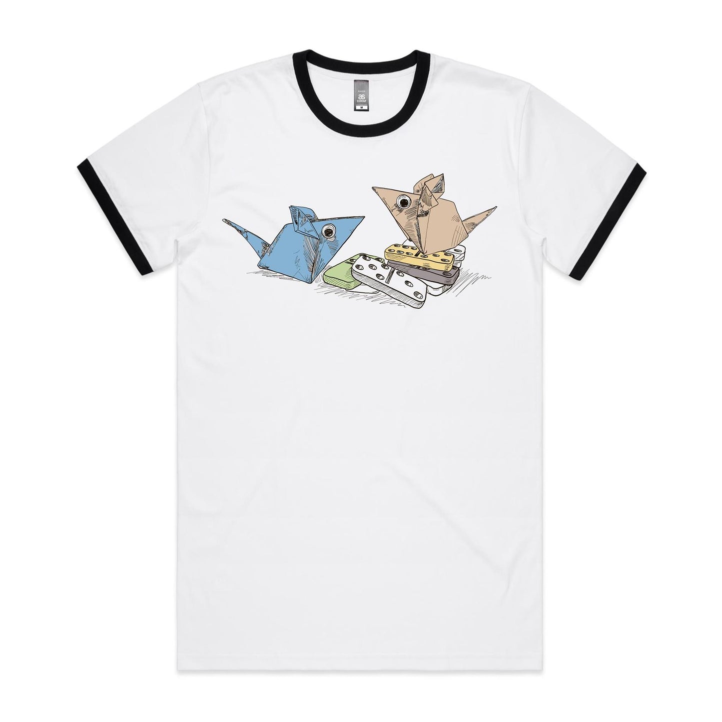 men’s ringer tee origami mice with dominoes remix